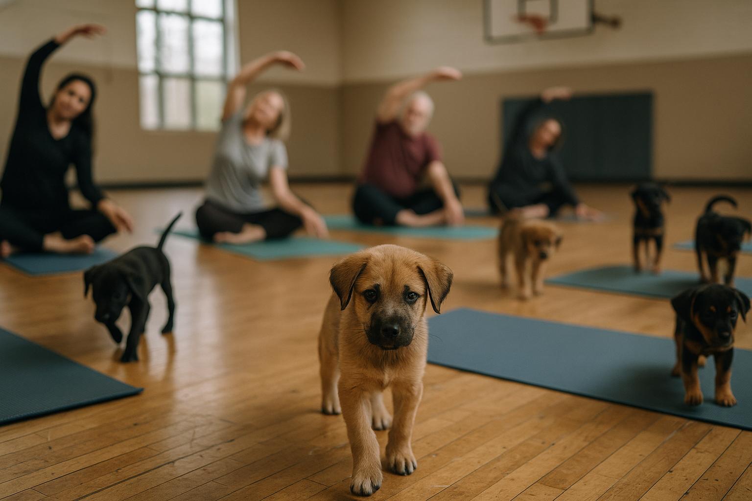 Puppies roaming among yoga mats as participants stretch in a community center gym