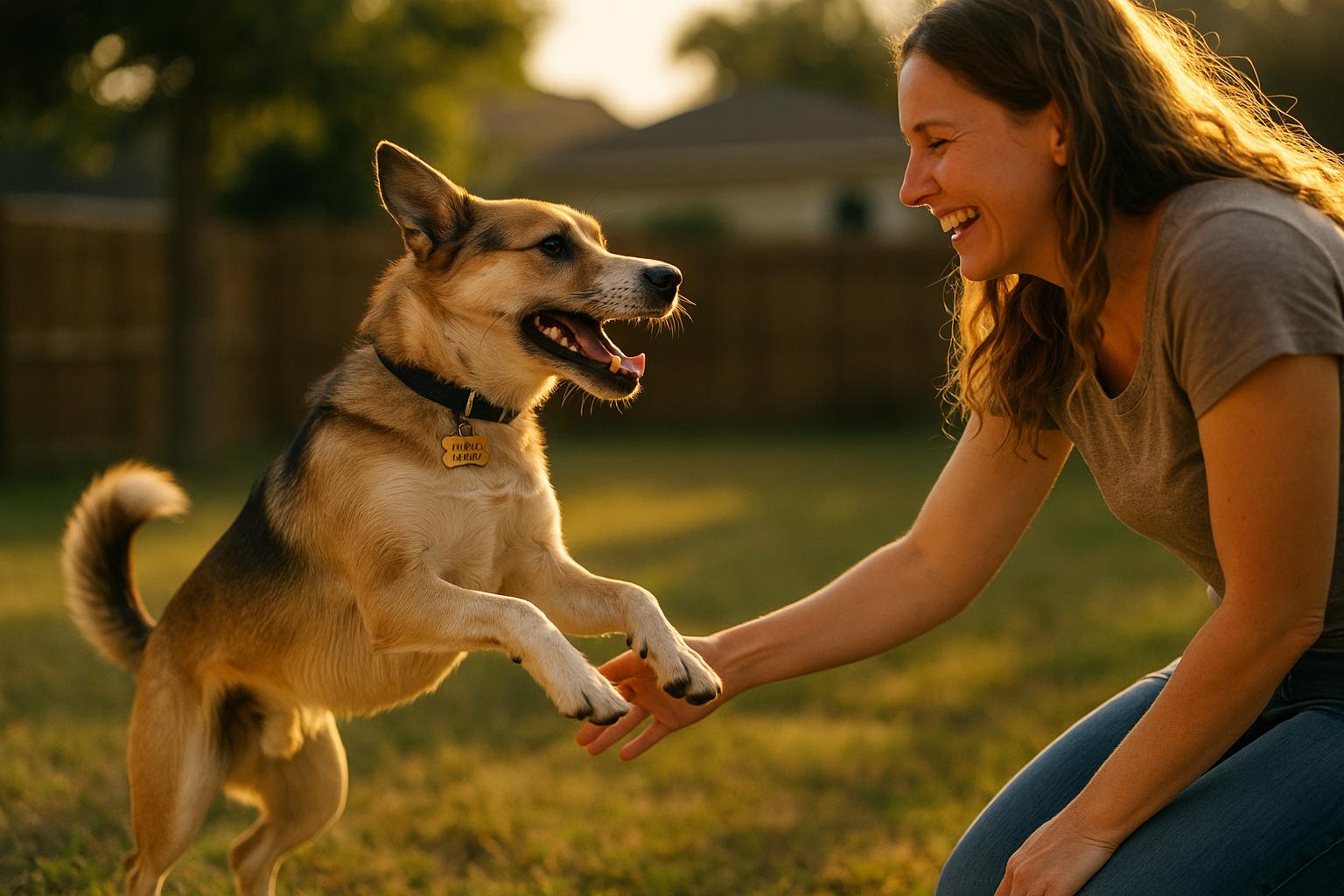 Little Dude, a medium-sized mixed-breed dog, jumping up to greet the woman who fostered him in a sunlit backyard