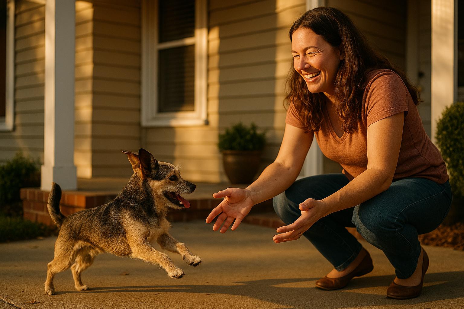 Little Dude, a small mixed-breed dog, leaping to greet a woman on a sunlit porch