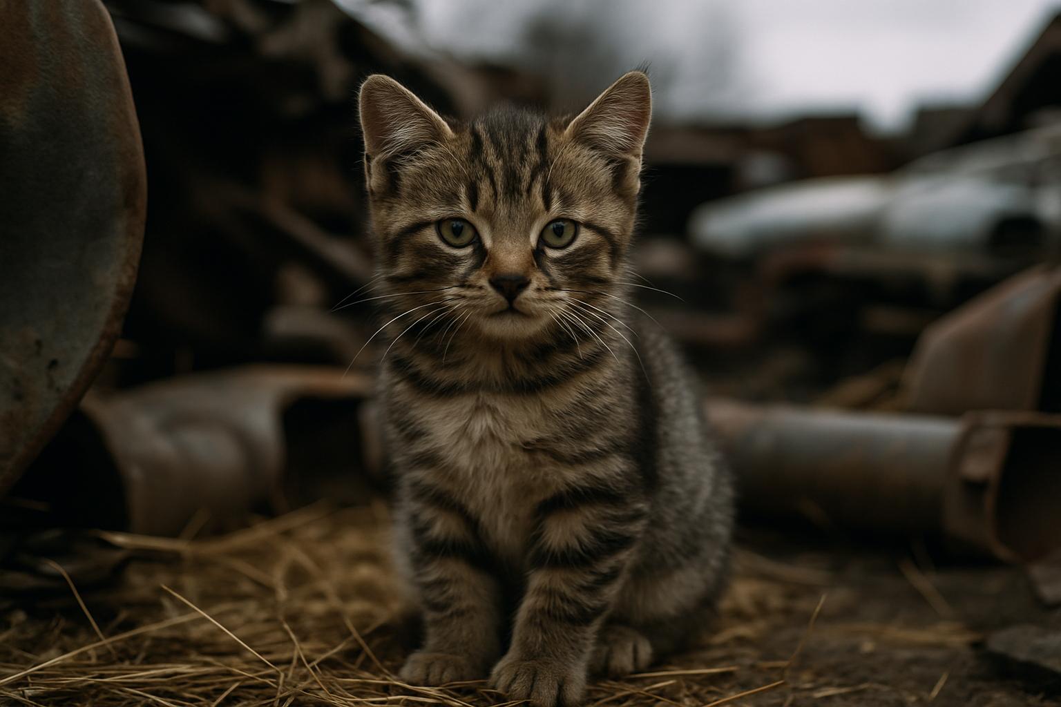 A tabby kitten sitting on straw near weathered metal in a junkyard setting