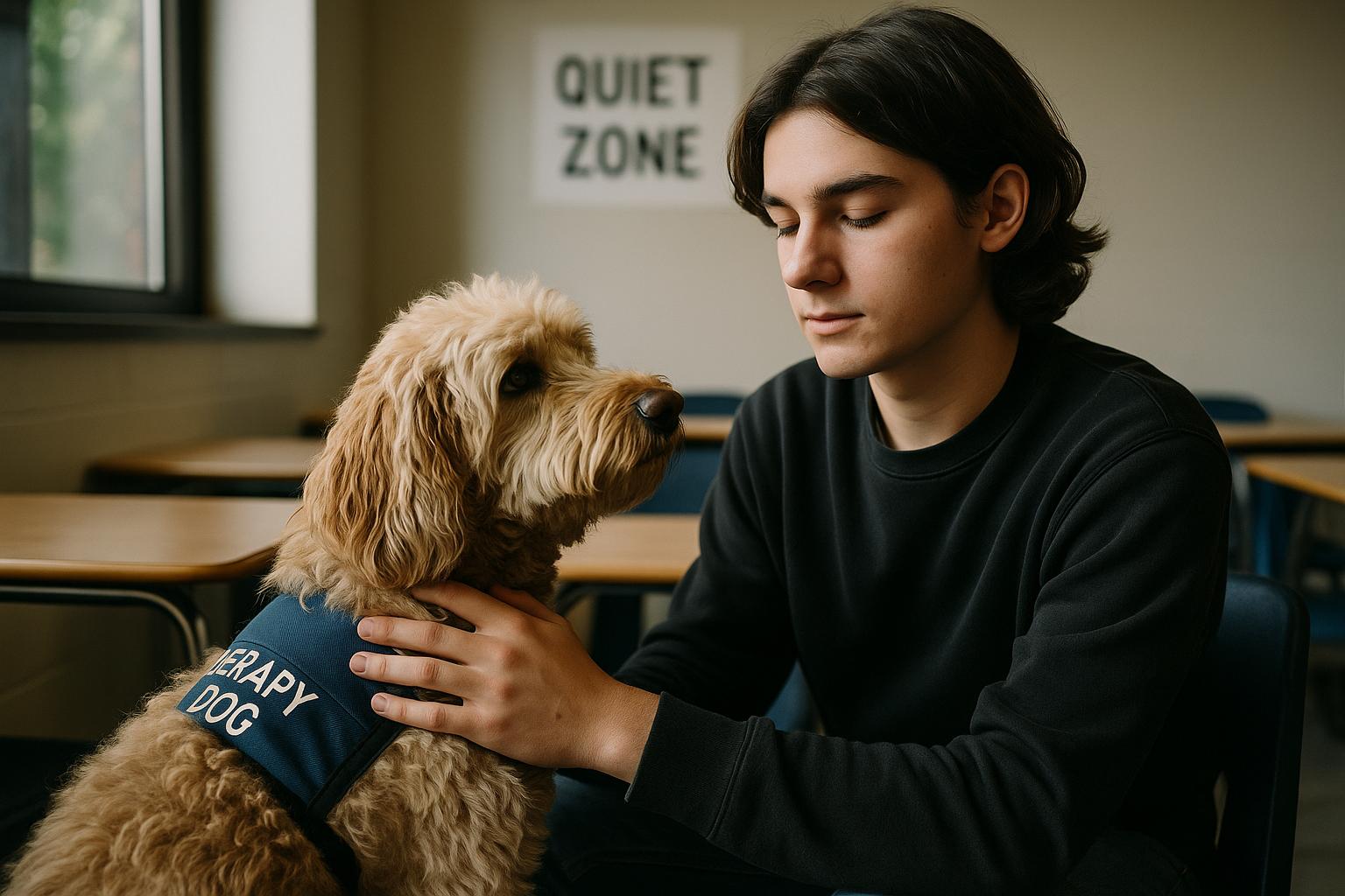 A student gently strokes a medium-sized therapy dog in a softly lit classroom set up as a quiet zone