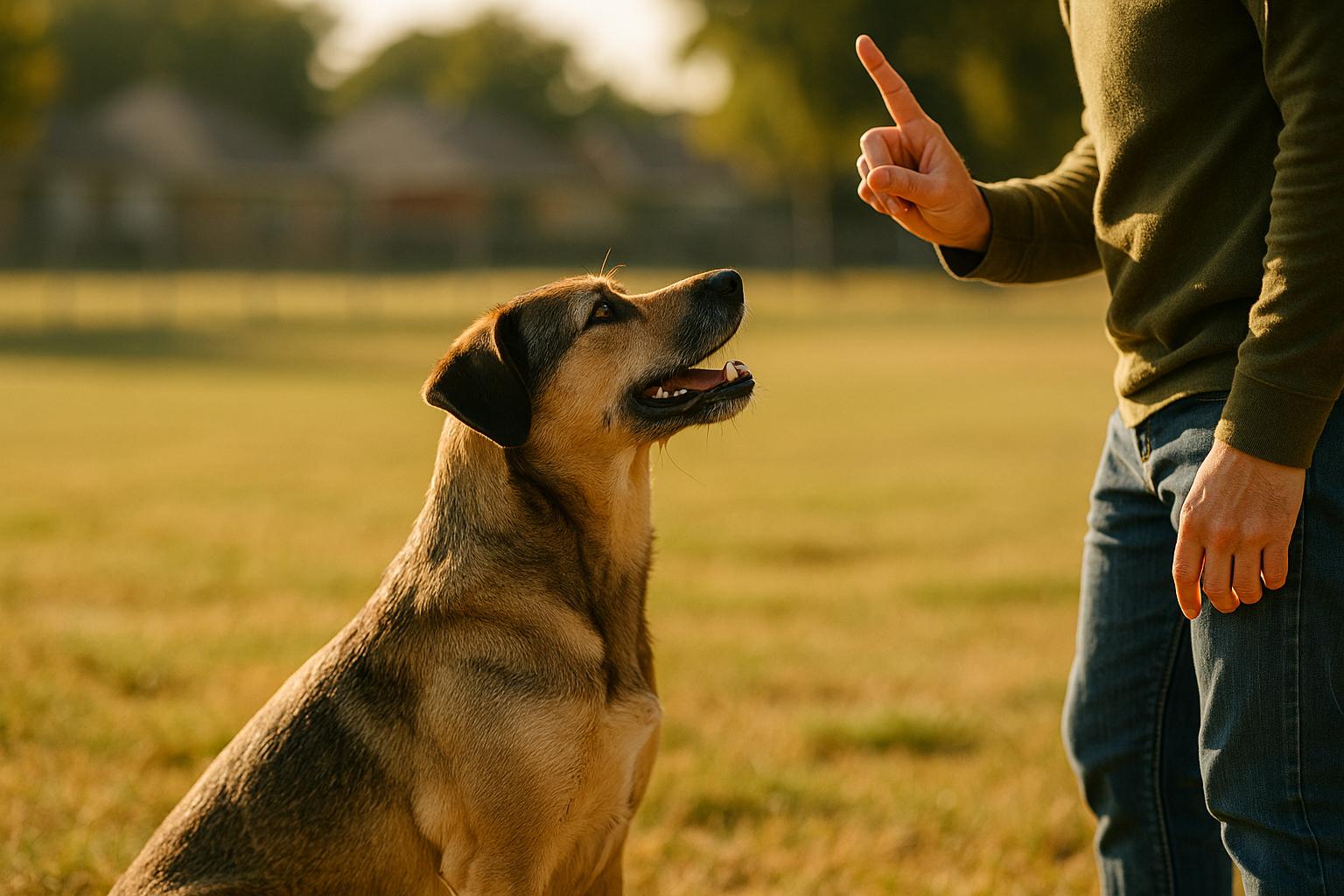 An adult mixed-breed dog responding to an owner’s hand cue during a training session on a grassy field at the Dog Training Club of Tampa Bay.