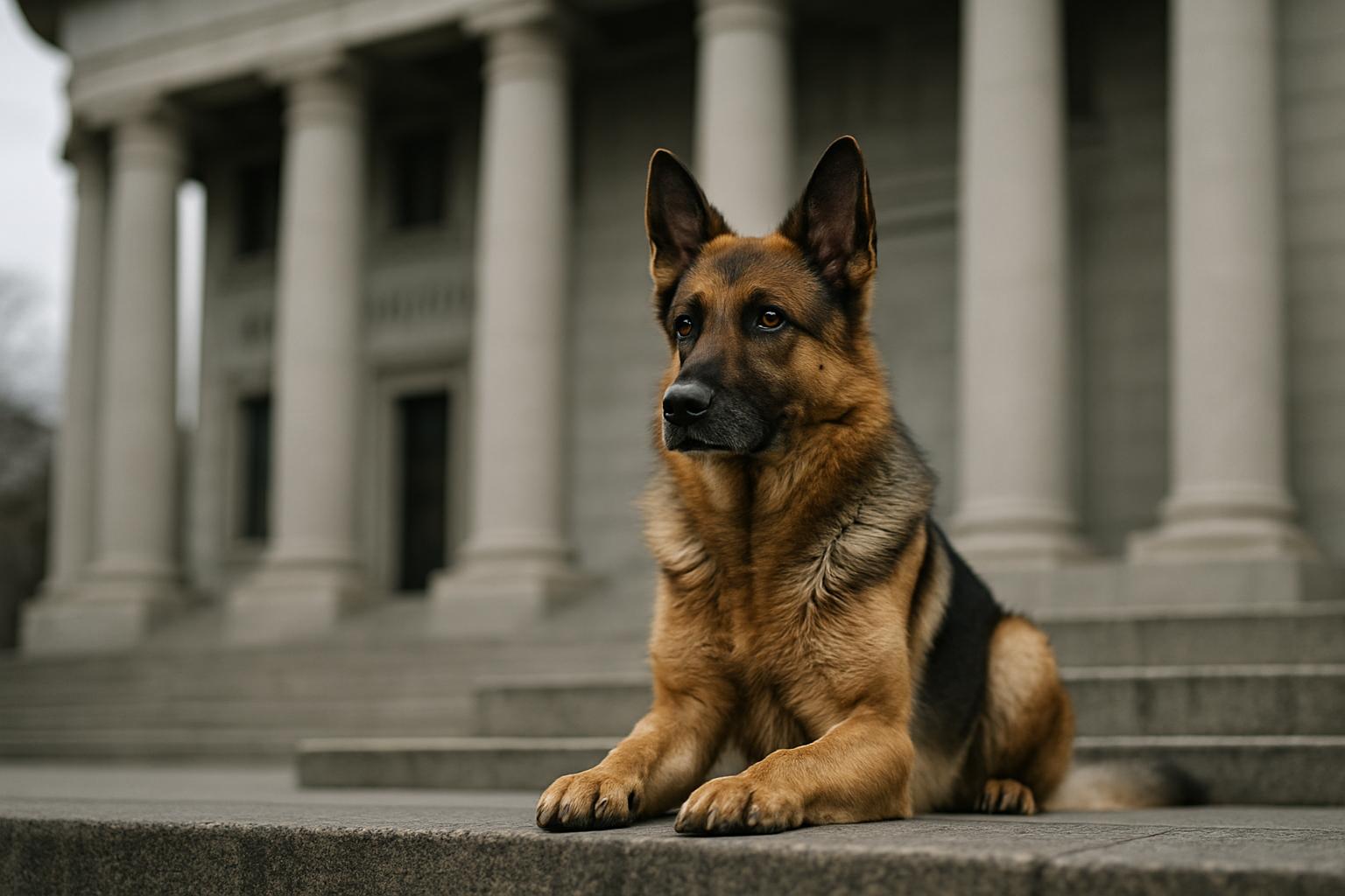 German Shepherd sitting on steps outside a government building, symbolically representing generational debate