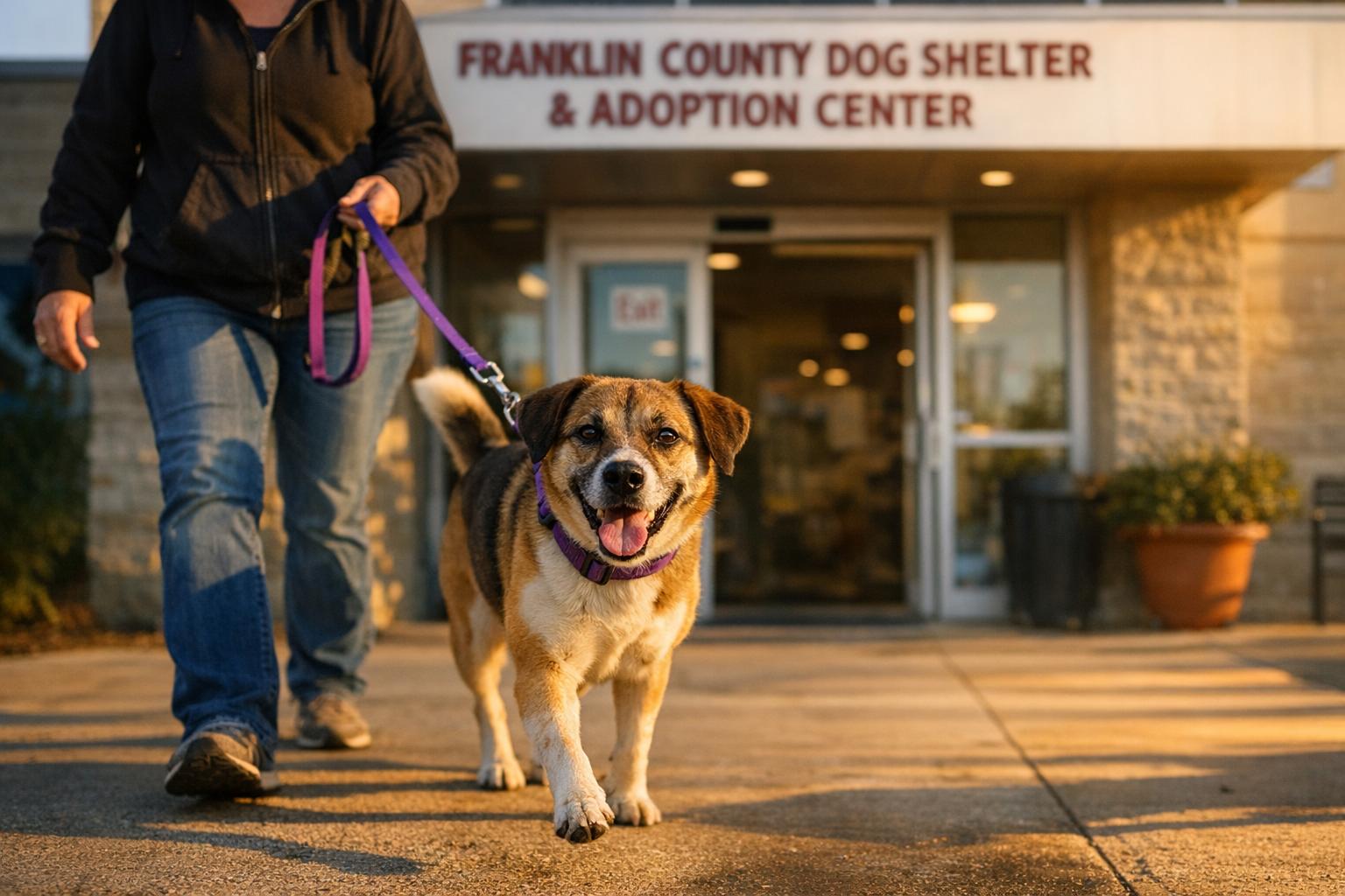 Gaia, a medium-sized shelter dog, being led out of the Franklin County Dog Shelter and Adoption Center by a woman at sunset
