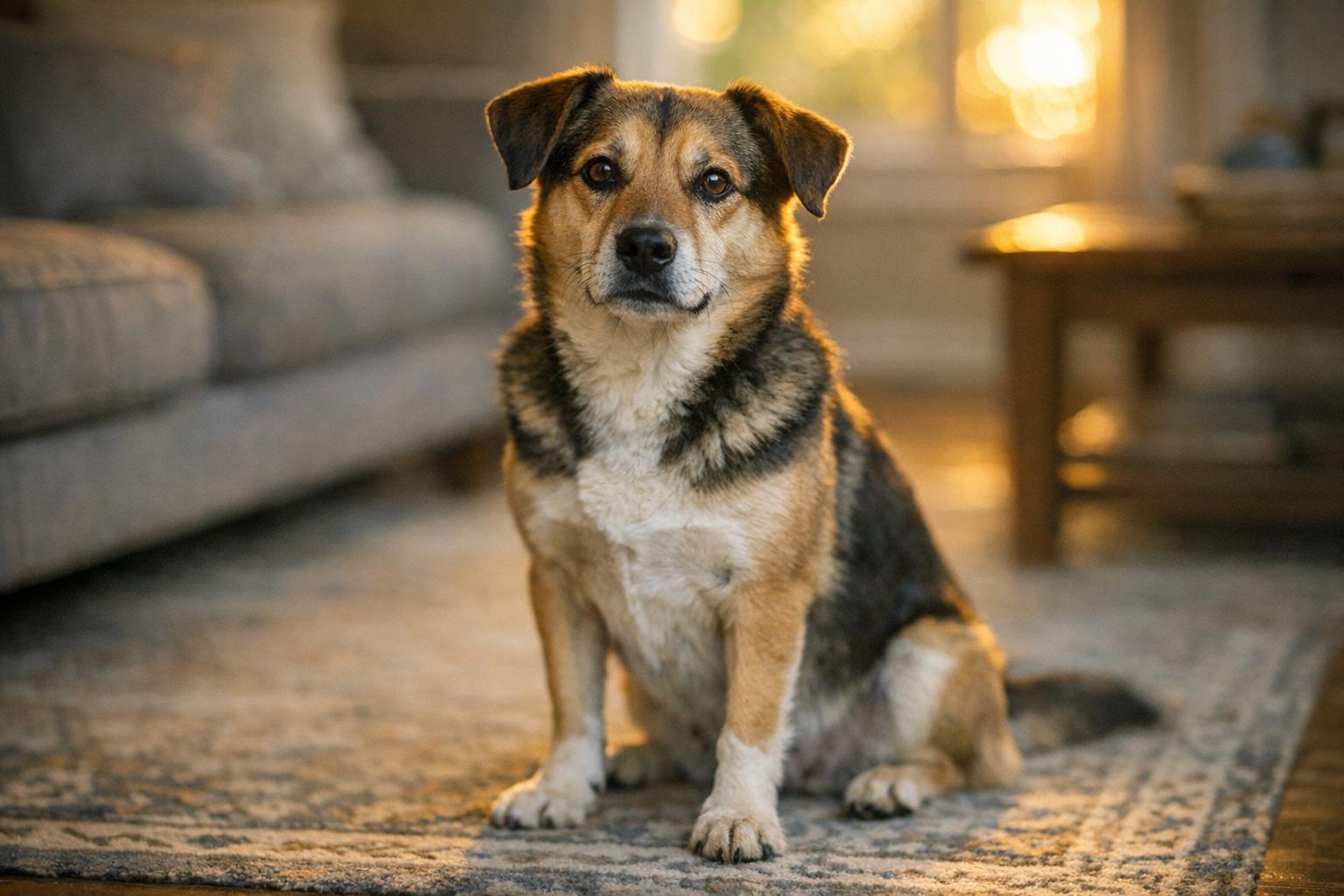 A medium-sized shelter dog sitting calmly on a living room rug, bathed in warm window light