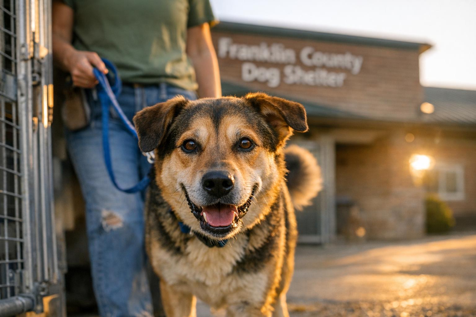 A healthy mixed-breed dog on leash being led out of a shelter kennel at golden hour, volunteer in background