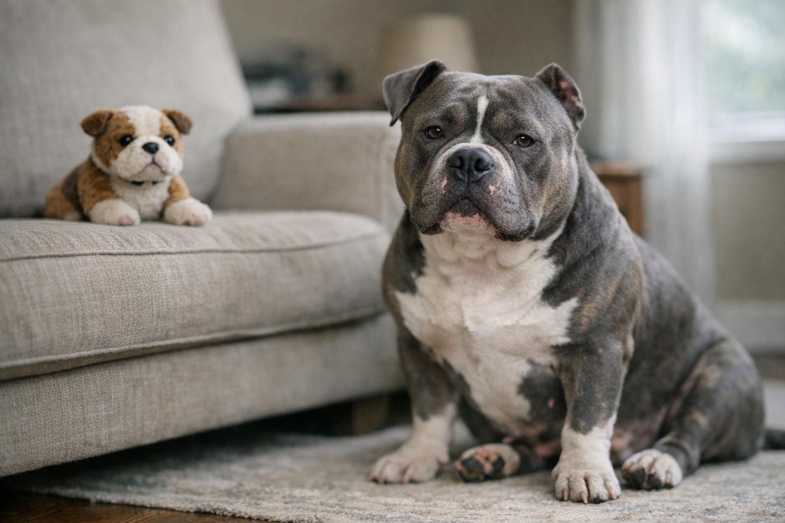 American Bully named Fred sitting calmly on a living room floor while a small toy lies on a nearby couch