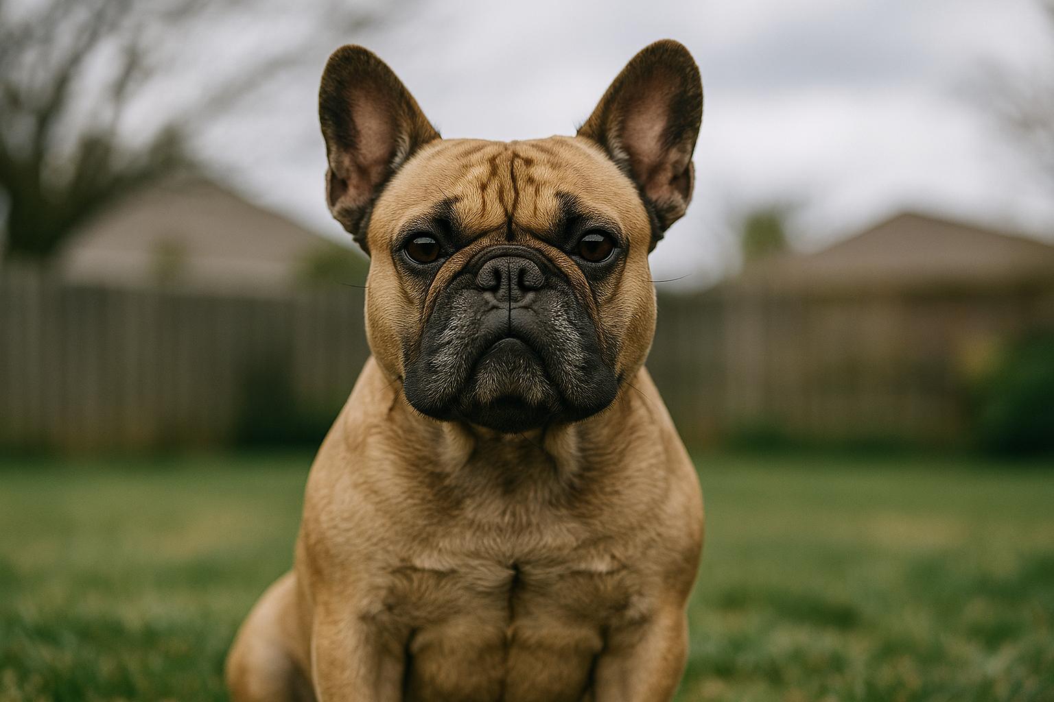 French Bulldog sitting in a suburban backyard, portrait-style photo