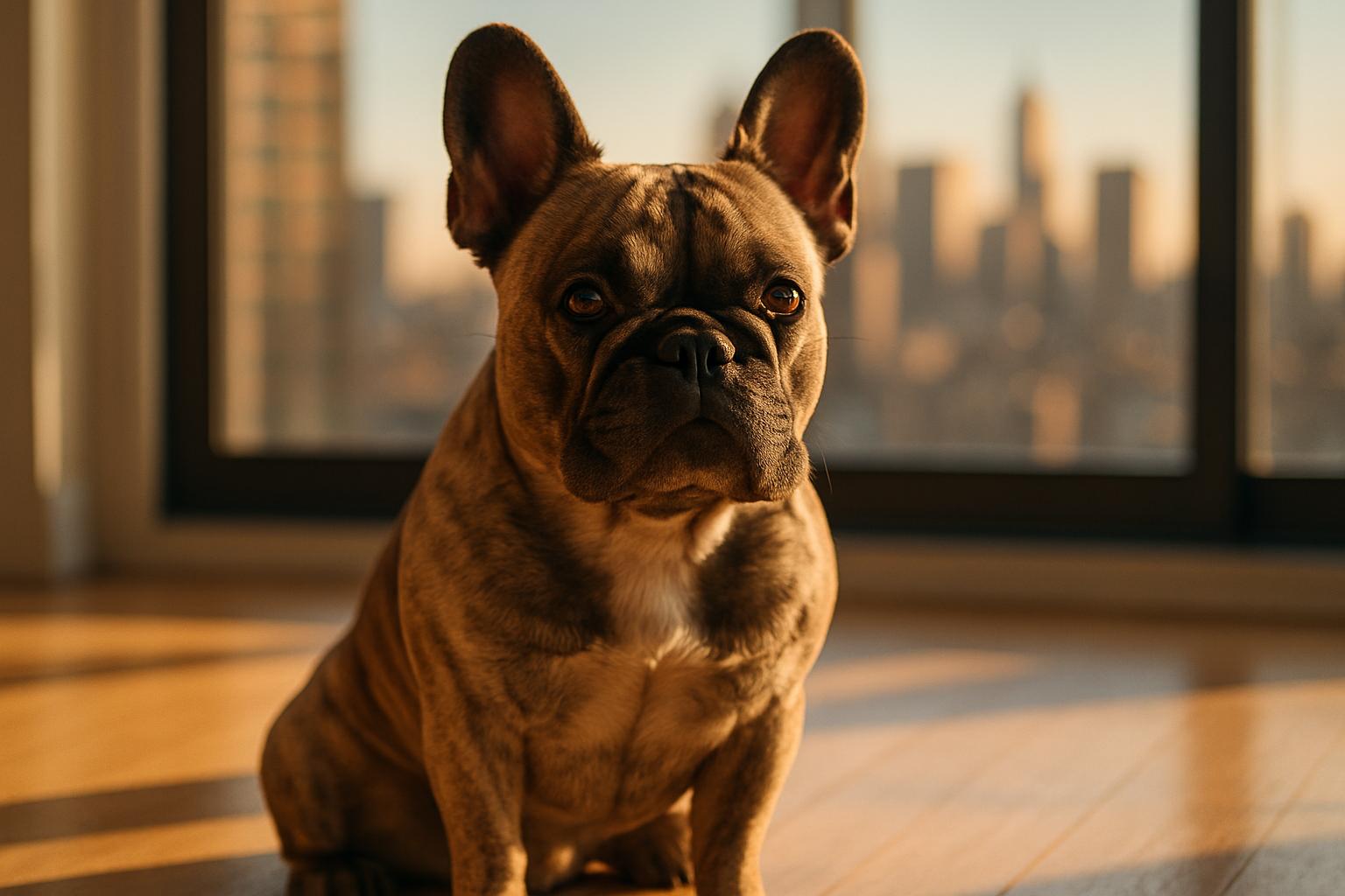 French Bulldog sitting by a window with city skyline in the background, warm golden-hour light