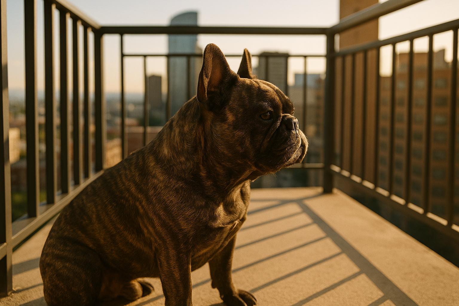 A French bulldog sitting on a Denver apartment balcony at golden hour, showing its flat face and brindle fur.