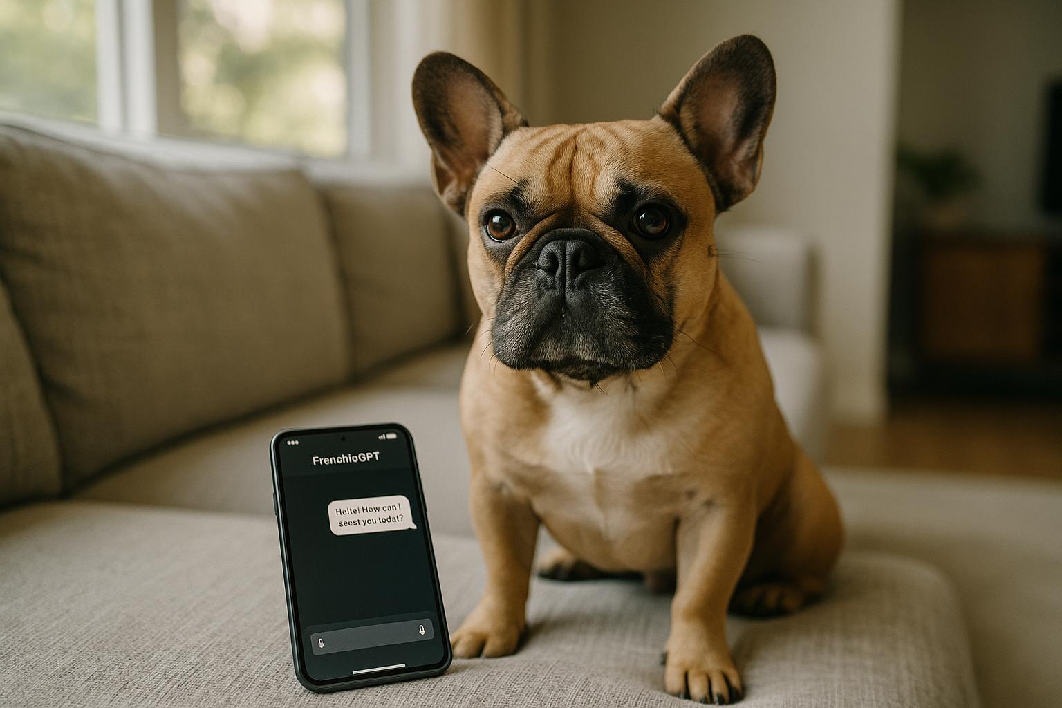 Small dog on a sofa next to a smartphone showing the FrenchieGPT app interface, natural light, documentary-style.