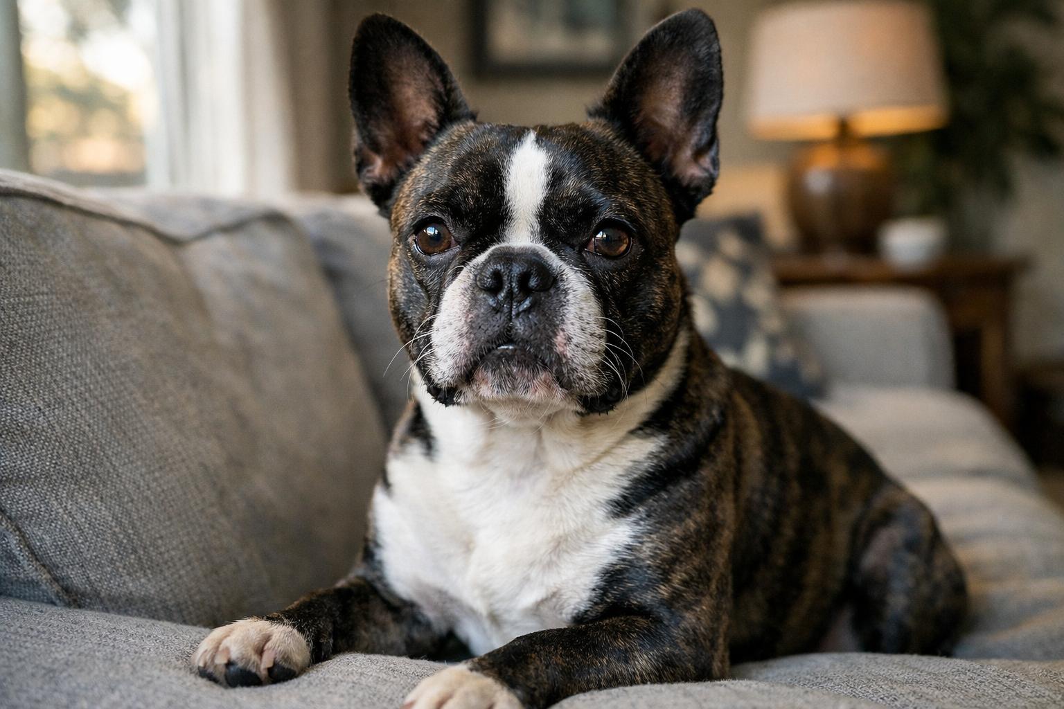 Close-up portrait of a Frenchton with a short, dense coat sitting on a sofa in natural window light