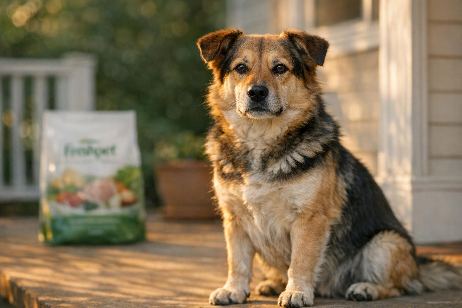 Mixed-breed dog on a suburban porch beside a bag of premium pet food, late afternoon light.