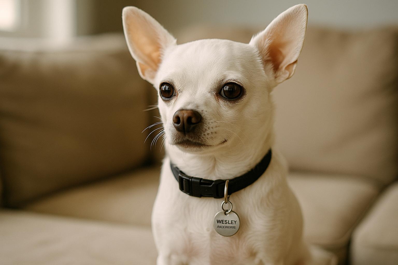 Wesley, a small white Chihuahua, sitting calmly on a couch in natural window light