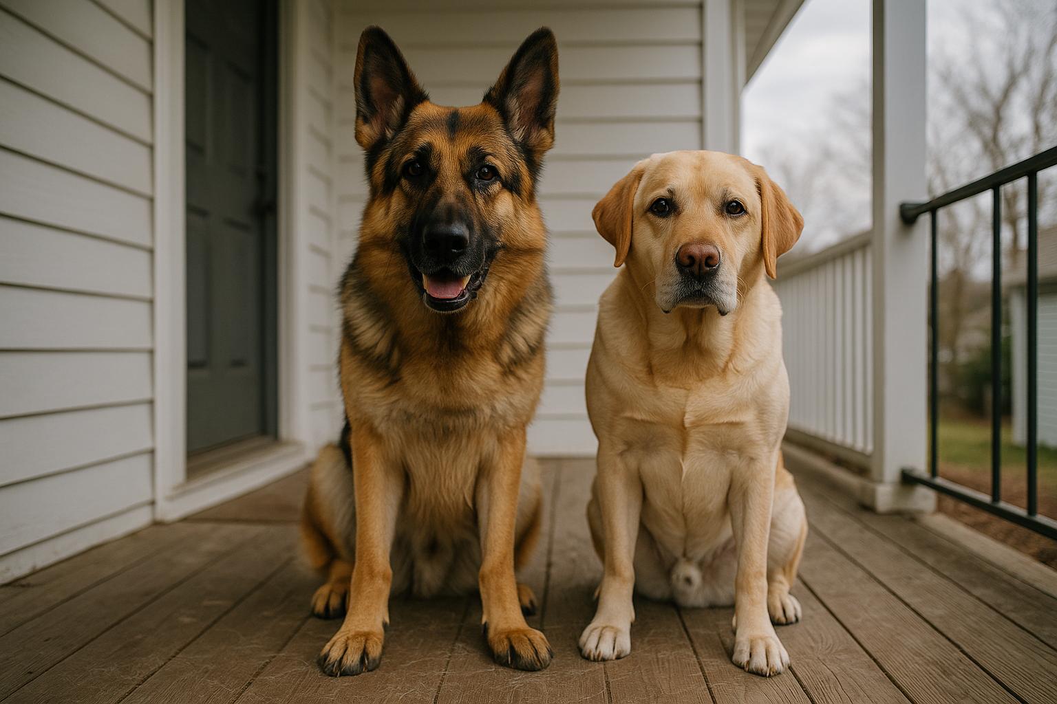 A German Shepherd and a Labrador sitting on a porch with dog hair scattered on the floor, soft overcast light.