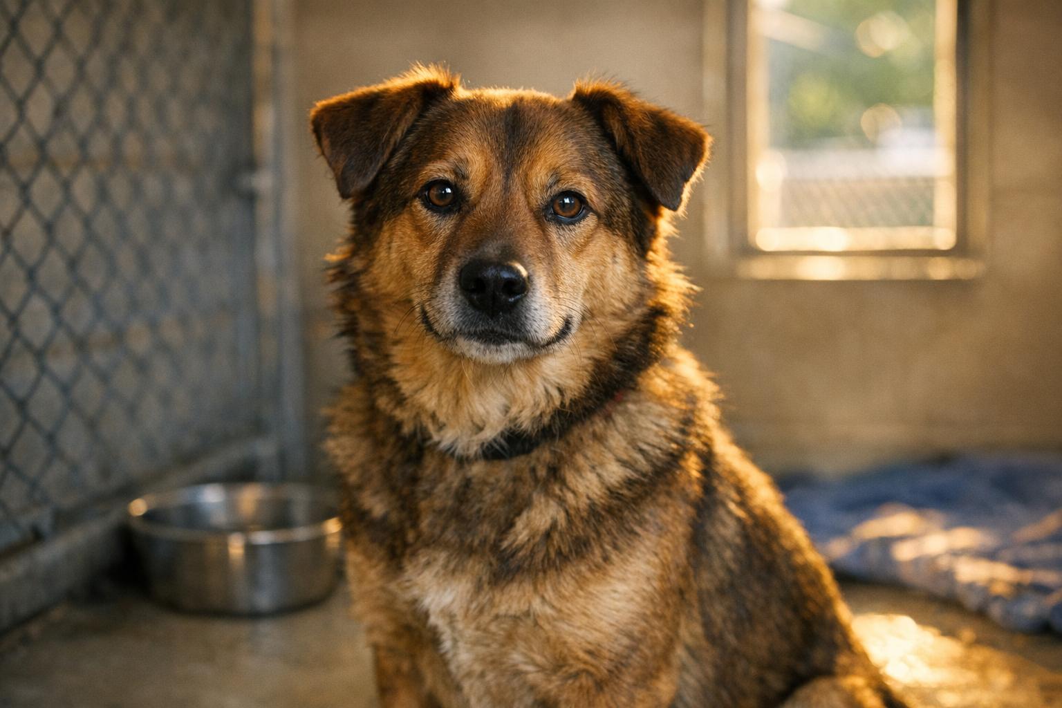 Frodo, a medium brown mixed-breed dog with gold highlights, sitting in a shelter kennel looking alert and friendly.