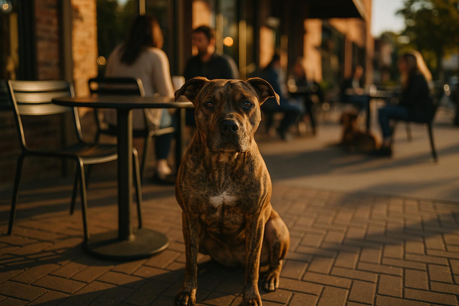 Artemis, a brindle Pit Bull, sitting on a sunlit café patio with blurred patrons and dogs in the background.
