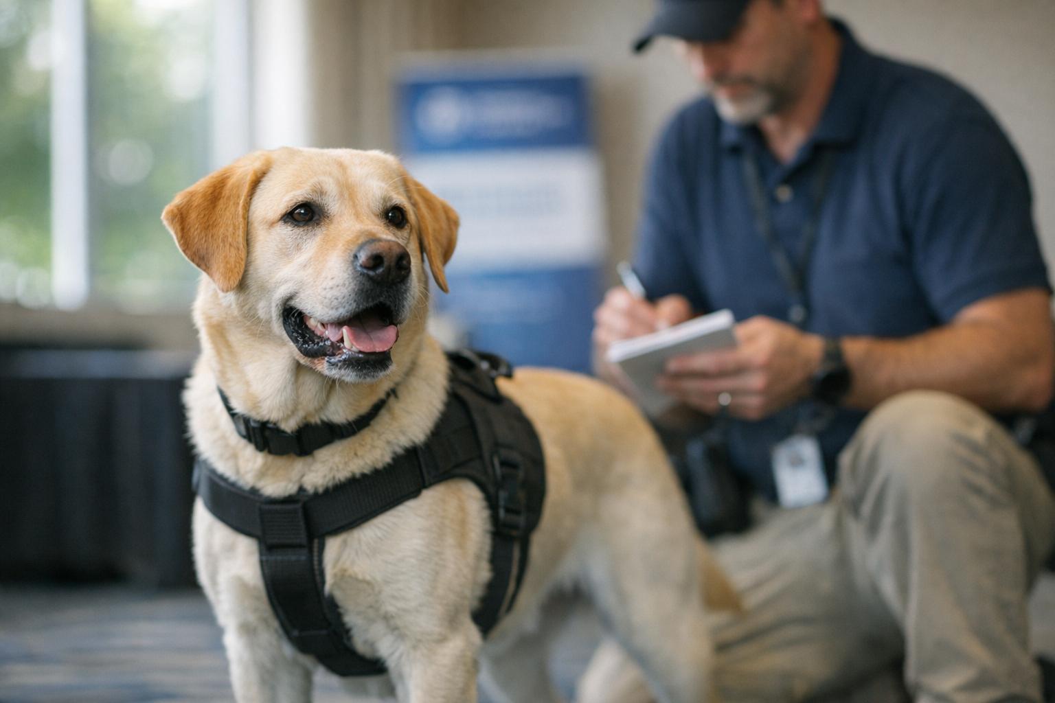 A working detection dog wearing a training harness beside its handler in a conference training area, photographed in natural window light.