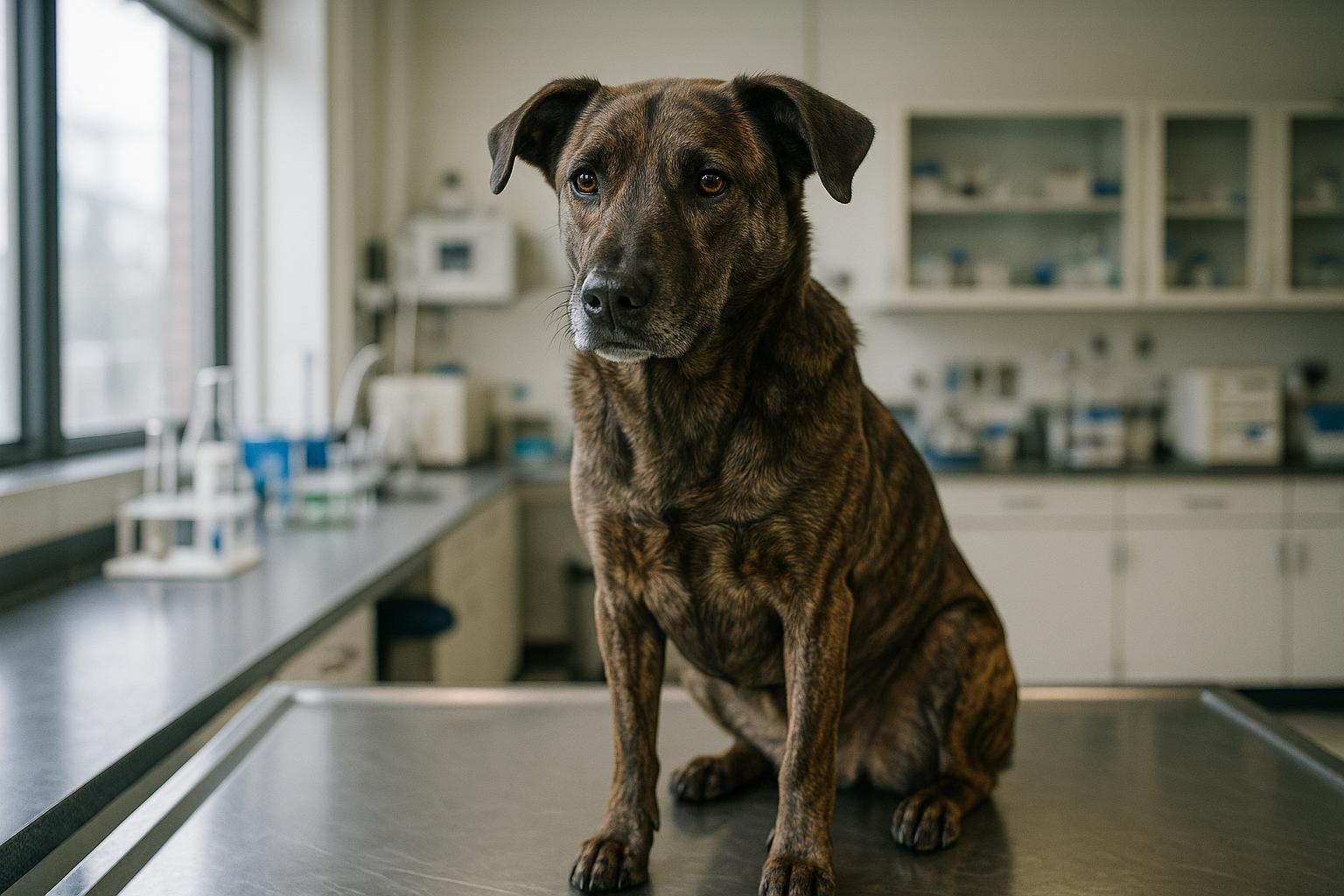 Medium-sized mixed-breed dog with a brindle coat sitting on an examination table in a veterinary research laboratory, photographed in soft natural light.