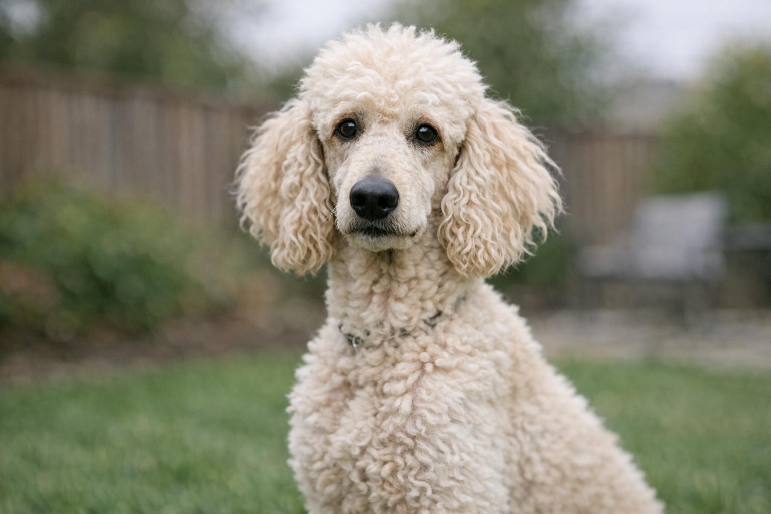 Gatsby, a 5-year-old standard poodle, sitting on a backyard lawn looking alert