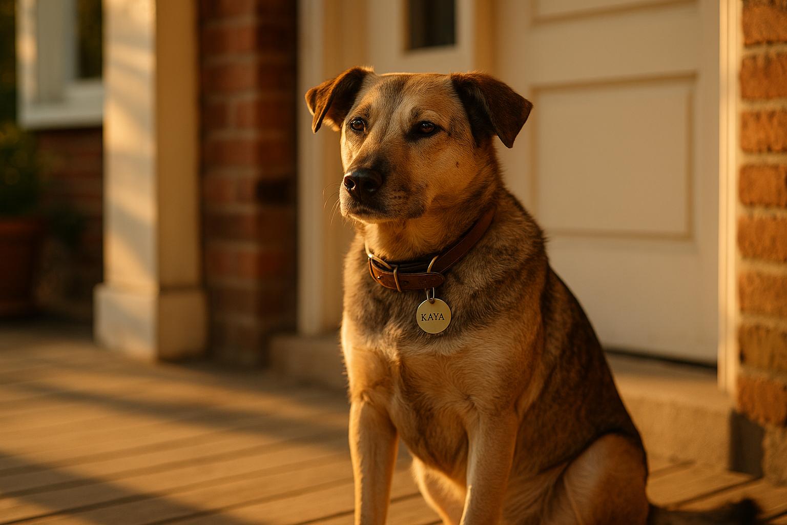 Kaya, a working dog, sitting on a sunlit front porch in golden hour light