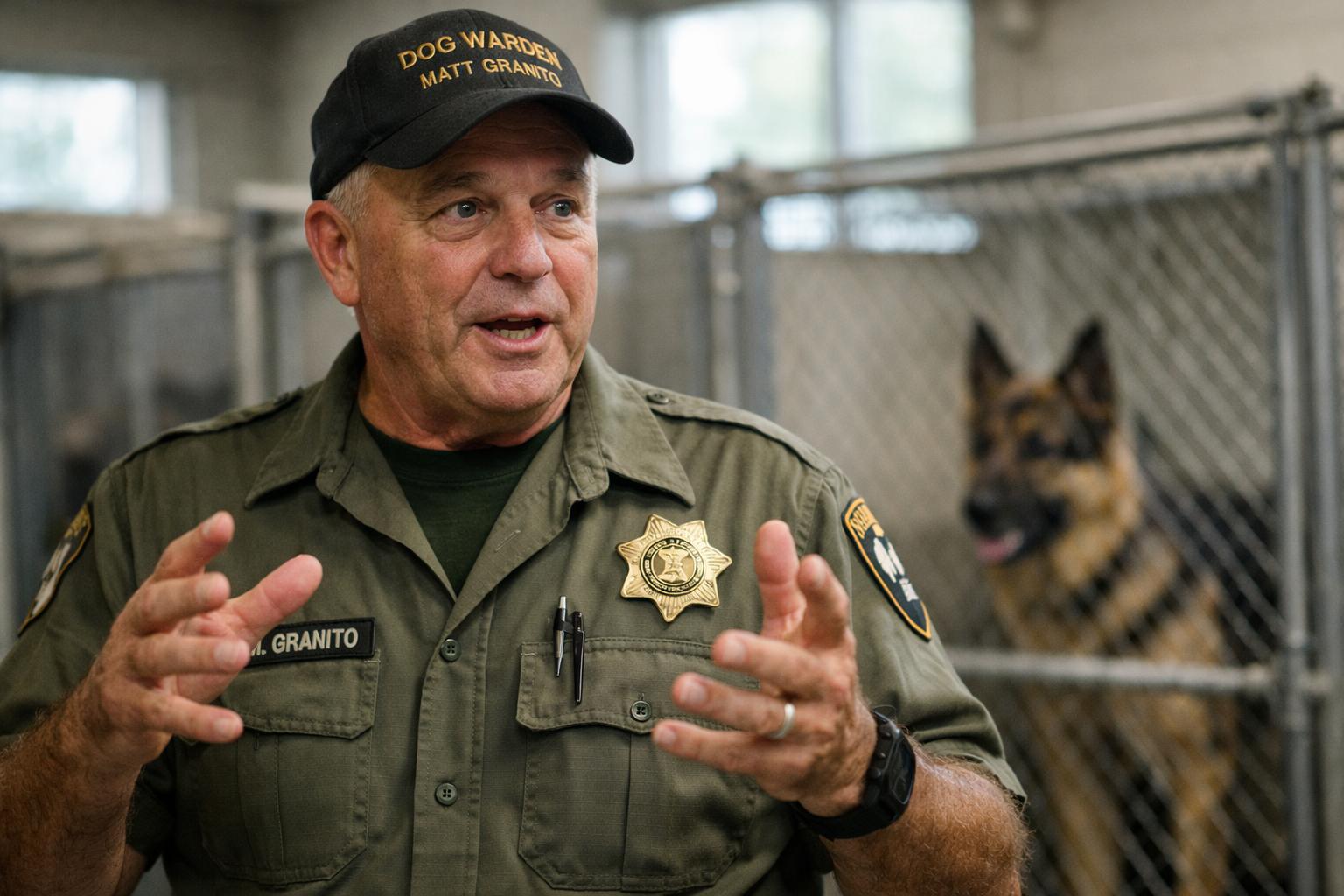 Geauga County Dog Warden Matt Granito speaking inside the Geauga County Dog Shelter kennel area