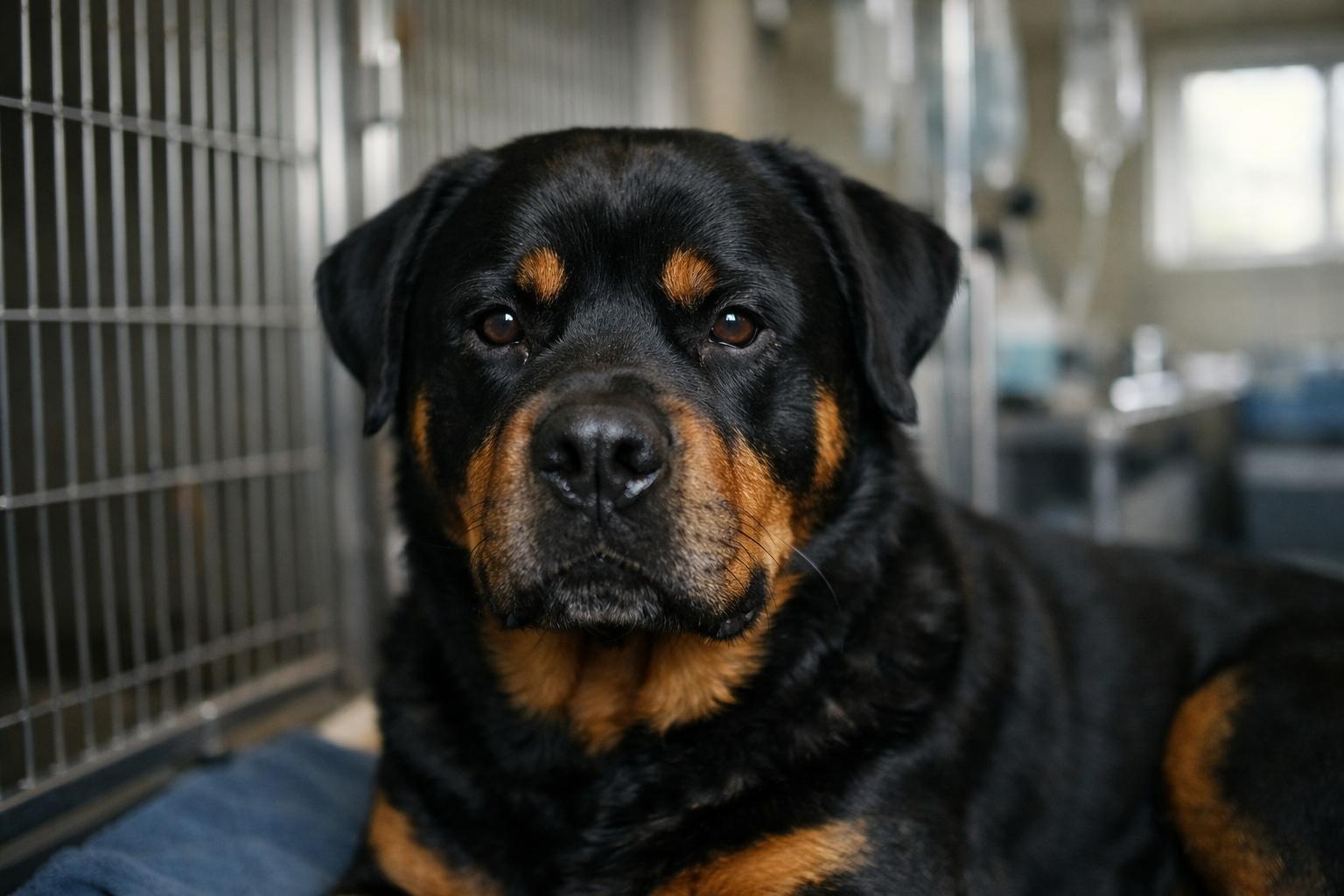 Rottweiler in a shelter kennel under veterinary care, close-up portrait
