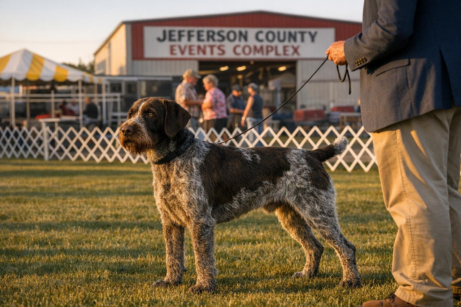 German Wirehaired Pointer standing in a dog show ring at the Jefferson County Events Complex during golden hour