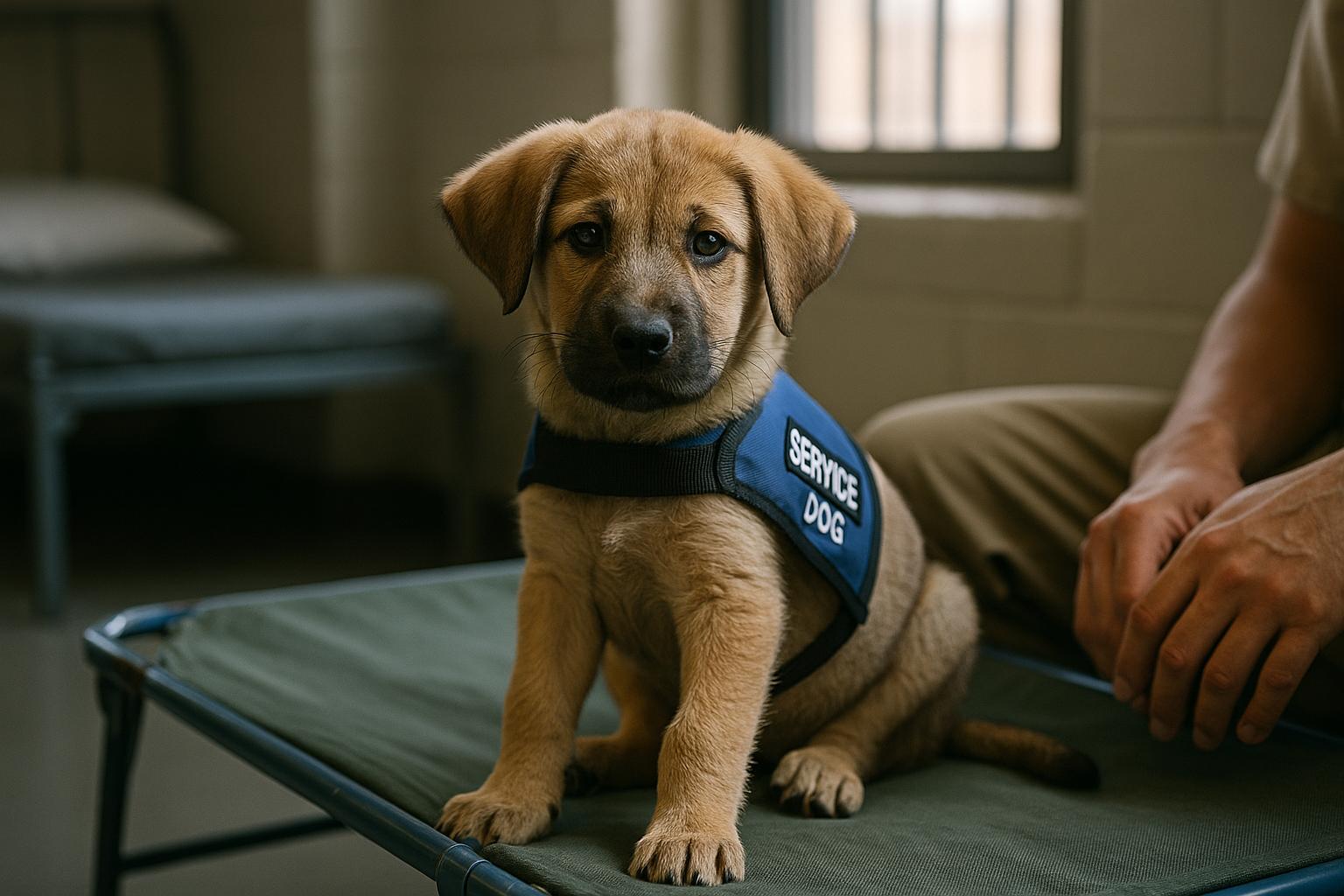Young mixed-breed service puppy in a dormitory-style prison room used for a puppy-raising program