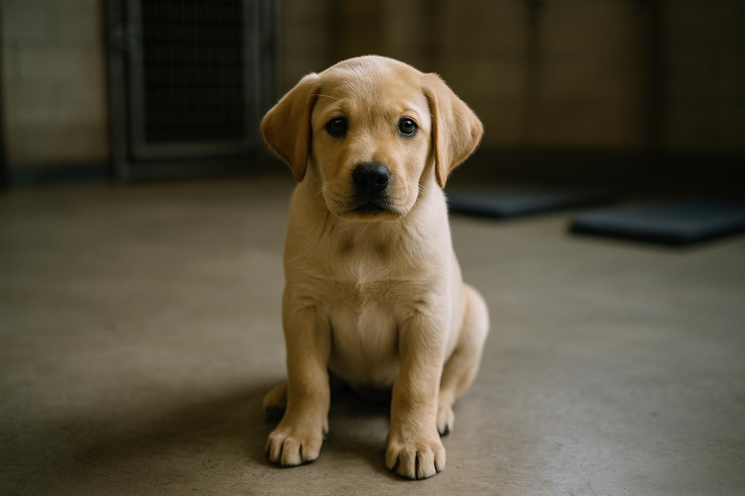 A single young Labrador‑type puppy in a prison training space under soft window light, alert and calm.