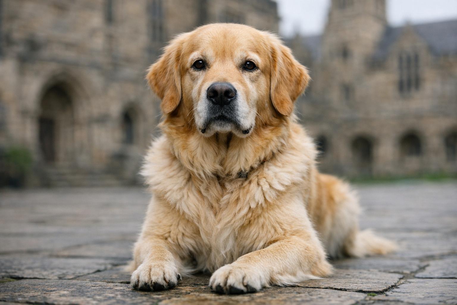 Close-up portrait of an adult golden retriever sitting in a university courtyard with soft overcast light