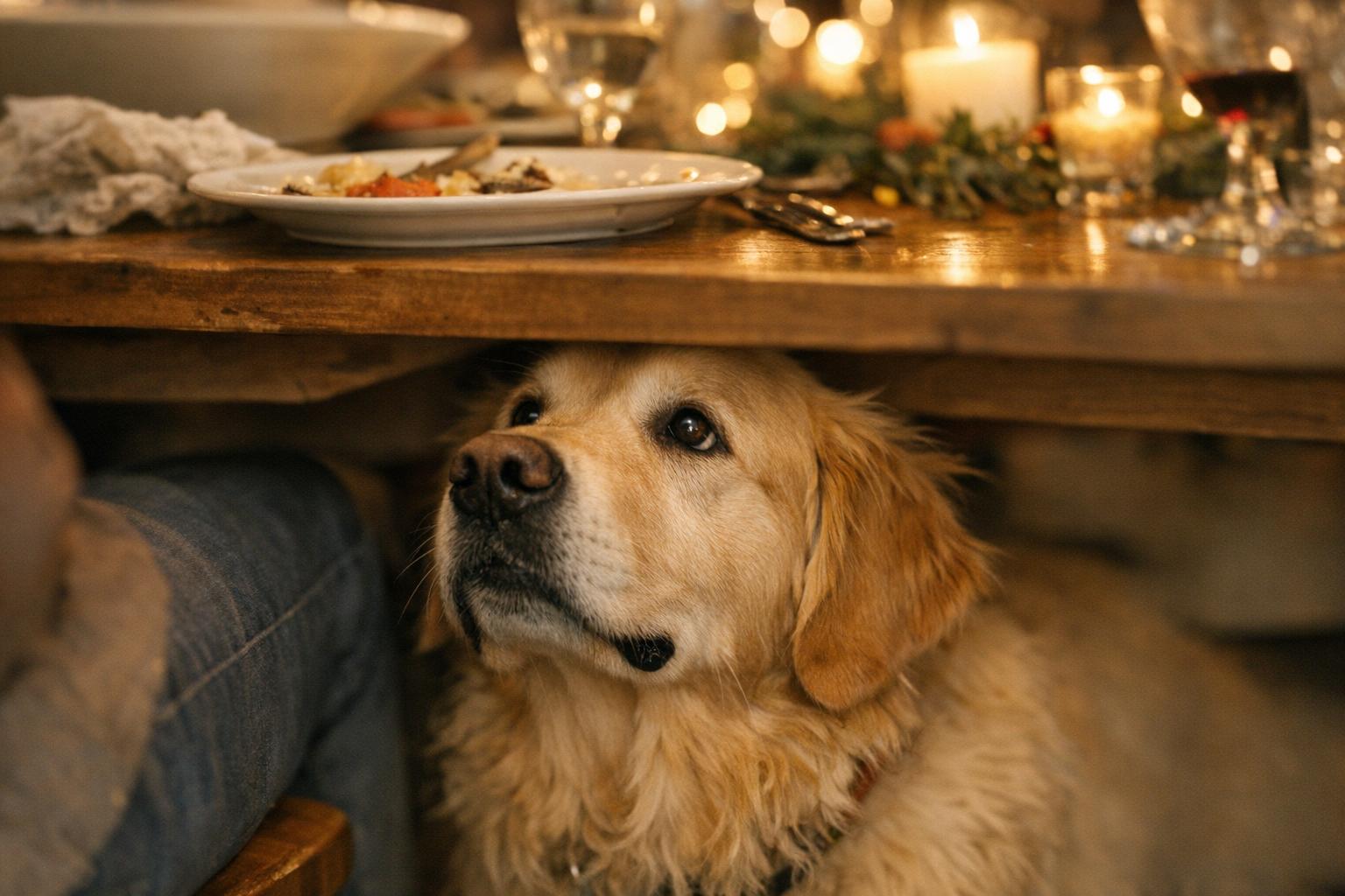 Golden Retriever lying under a long holiday dining table, looking up toward a person