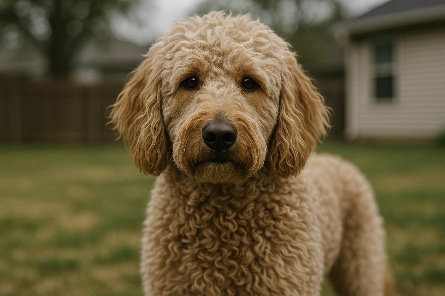 Well-groomed Goldendoodle with curly coat in a suburban backyard, close-up portrait