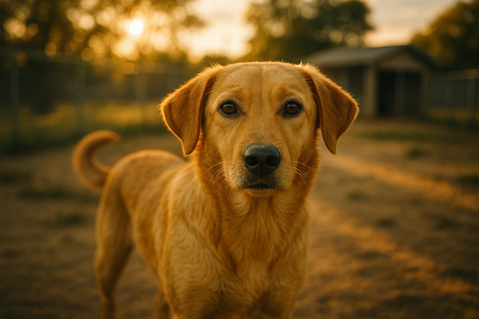 Goldie, a recovered shelter dog, sitting in a shelter yard with golden hour light, showing healthy fur and a calm expression