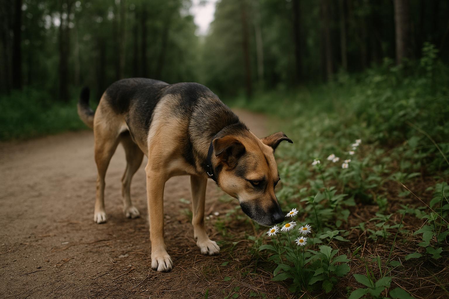 A medium-sized dog pauses on a forest trail, sniffing wildflowers under soft overcast light