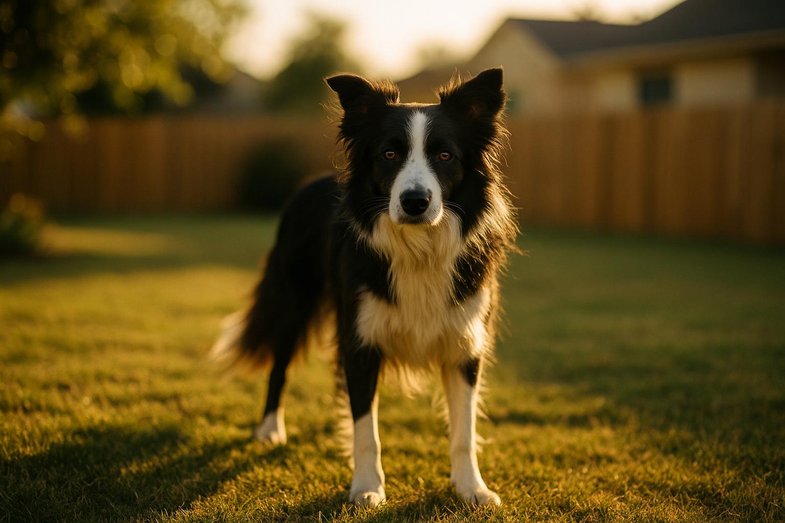 Border Collie standing alert in a backyard, looking attentive and ready for a command