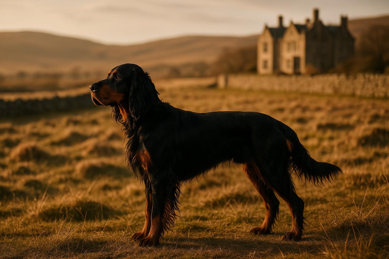 Gordon Setter standing on Scottish moorland at golden hour, showing black-and-tan coat and feathering