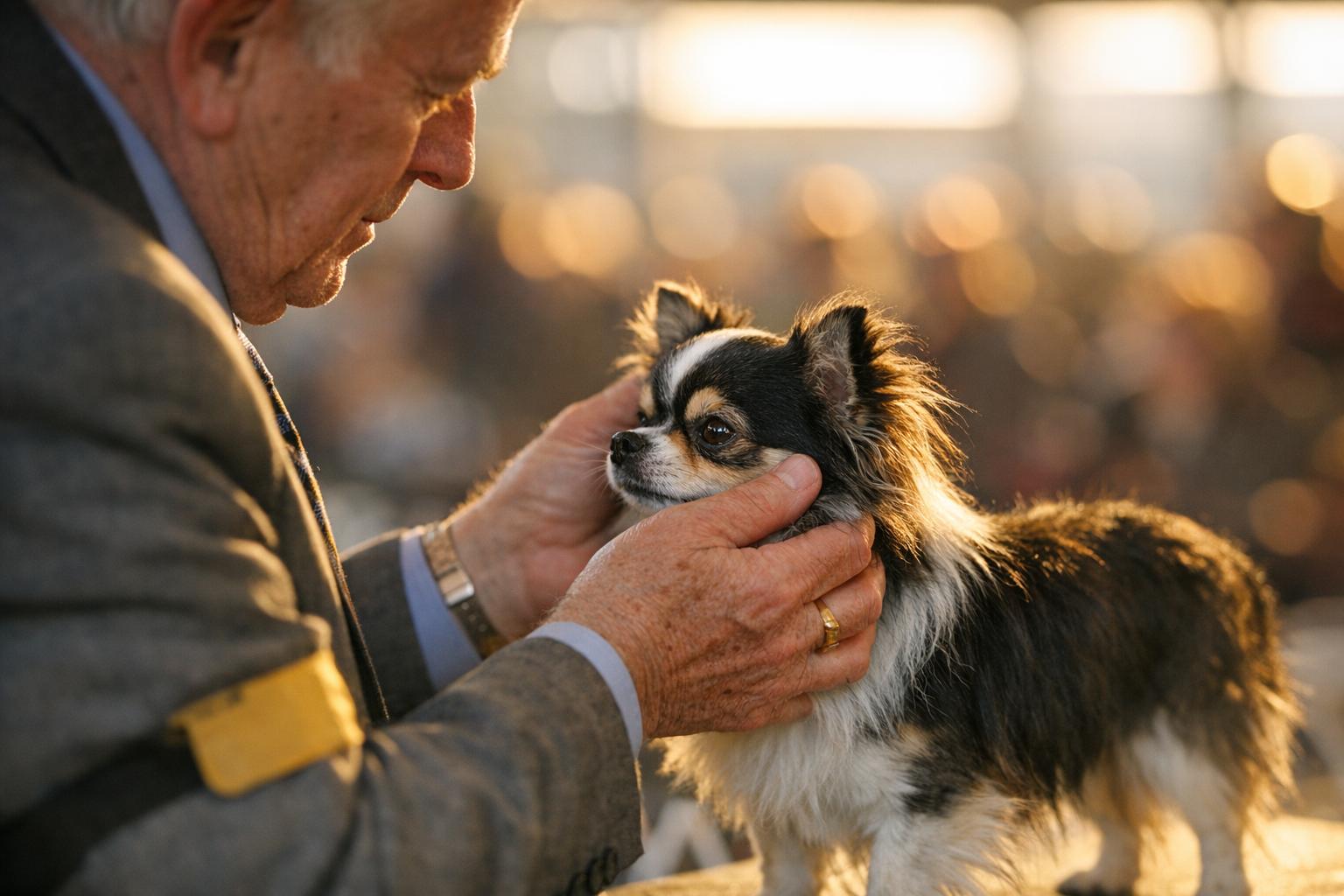 Judge examining a toy breed dog ringside at an indoor dog show, focused on hands and dog’s head