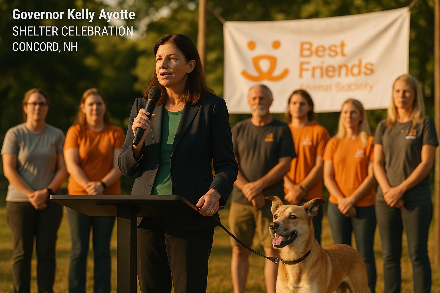 Governor Kelly Ayotte speaking outdoors at a shelter event in Concord, NH, with volunteers and a mixed‑breed dog nearby