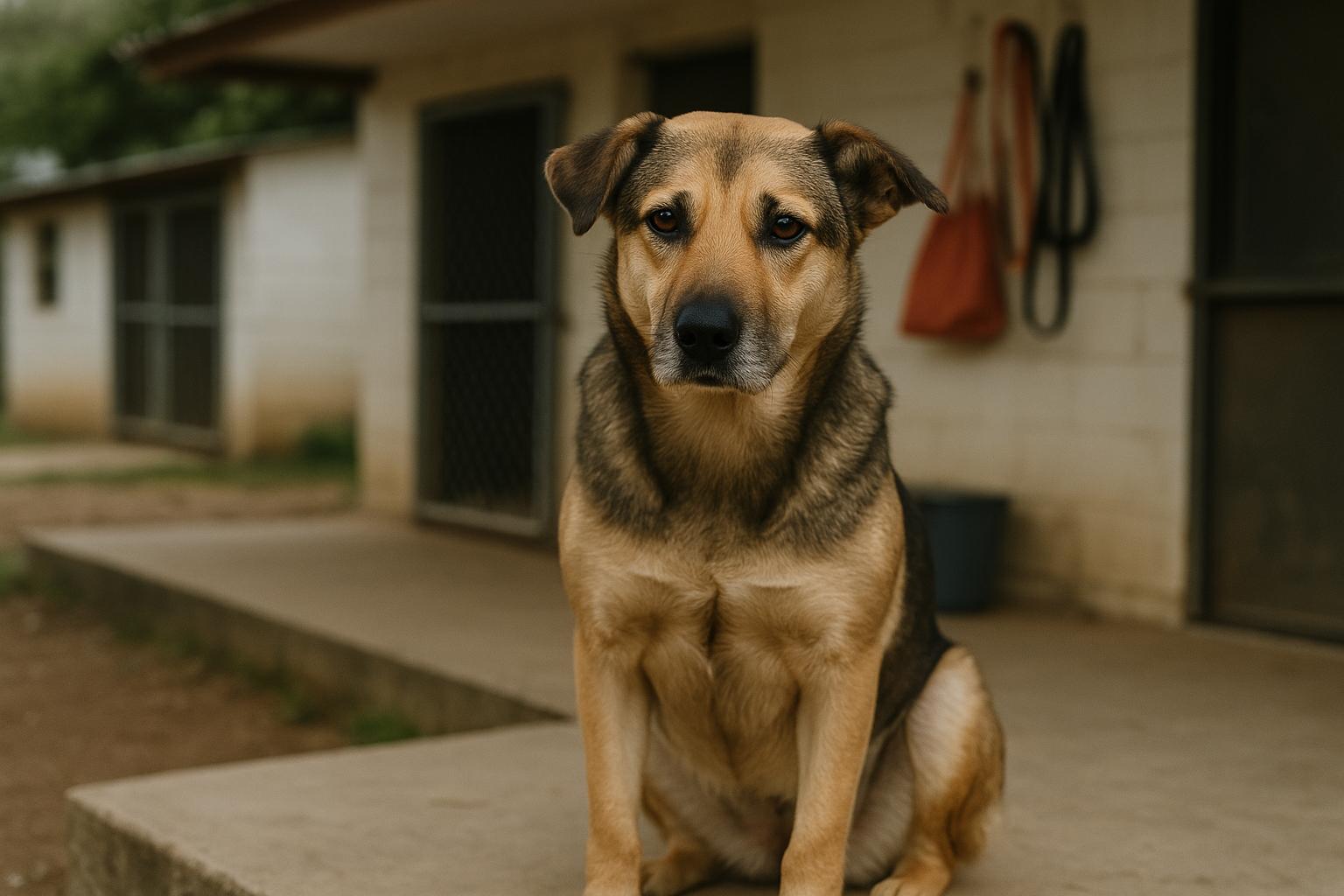 A medium-sized mixed-breed dog sitting calmly on a shaded porch at a small rescue facility, with soft diffused light and a gentle expression.