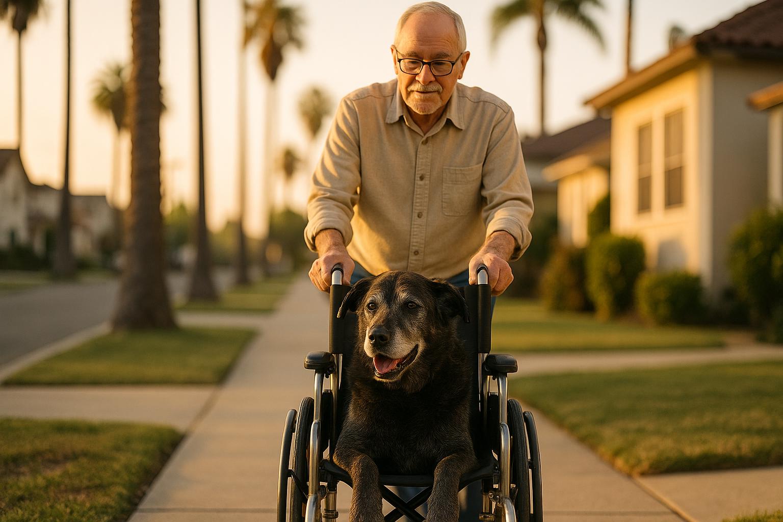 Milo, an elderly dog in a mobility wheelchair, being pushed by his grandpa along a suburban sidewalk in Southern California