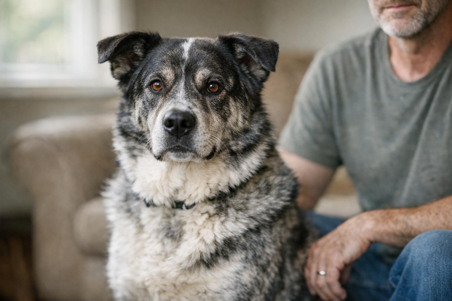 Granite, a large rescue dog, sitting alert beside his owner in a living room, looking attentively toward the owner.