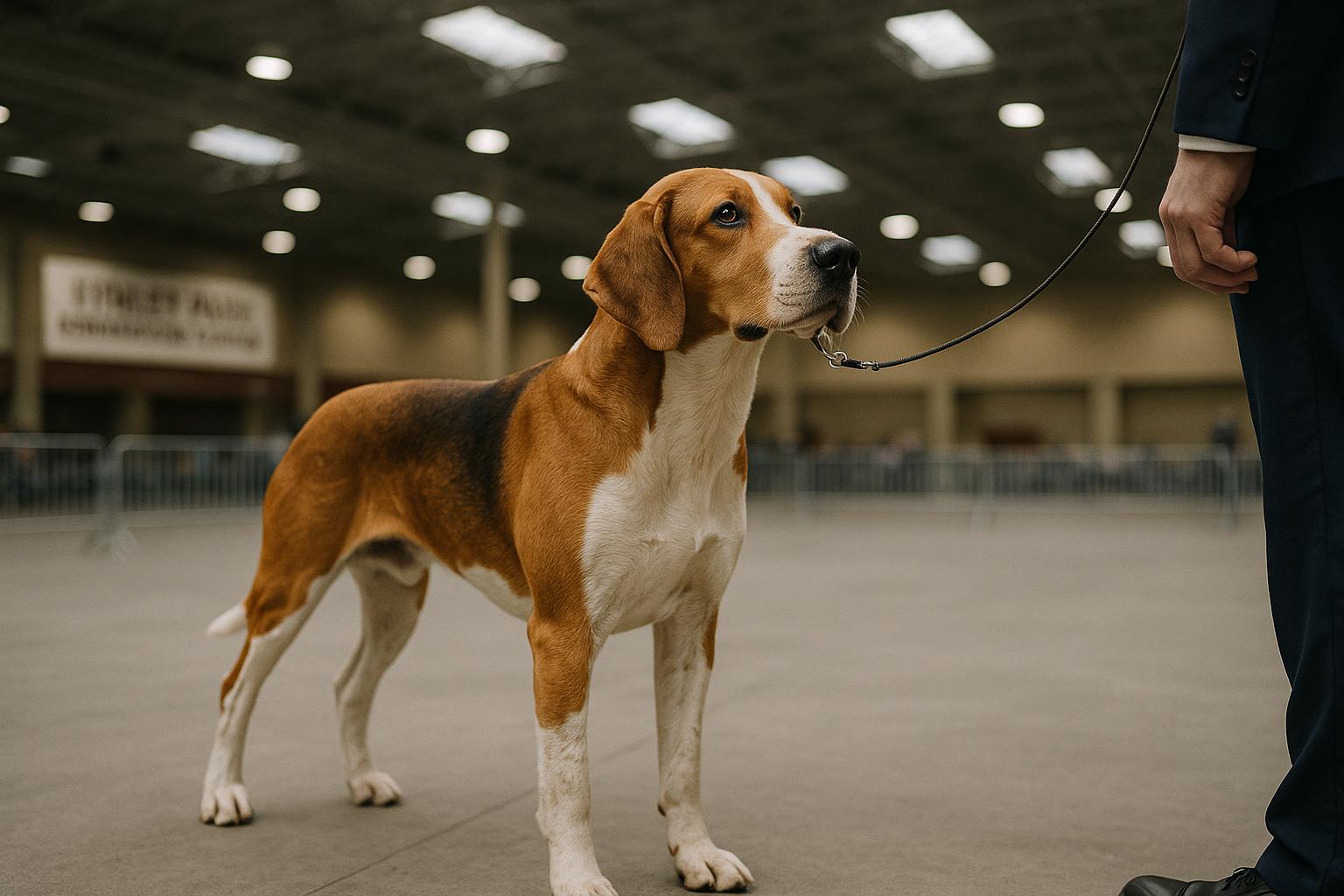 Well-groomed conformation show dog standing in a convention center ring at Tinley Park, with a handler at the edge of frame