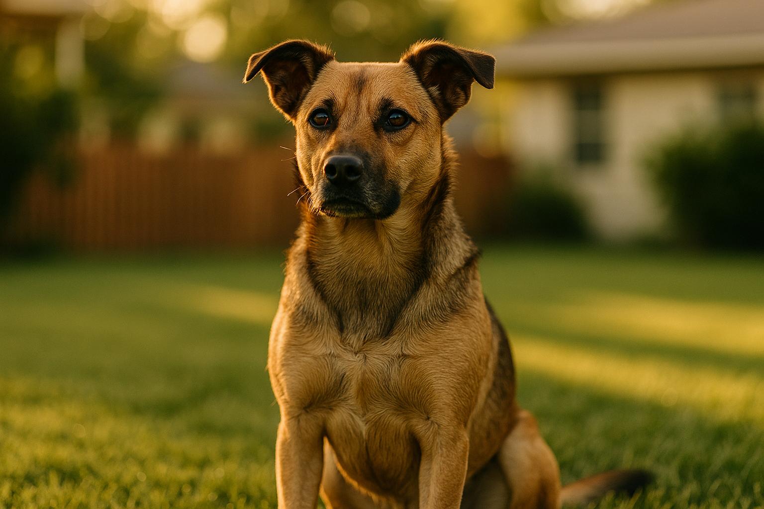 Mixed-breed shelter dog sitting on a suburban backyard lawn during golden hour, looking alert and healthy