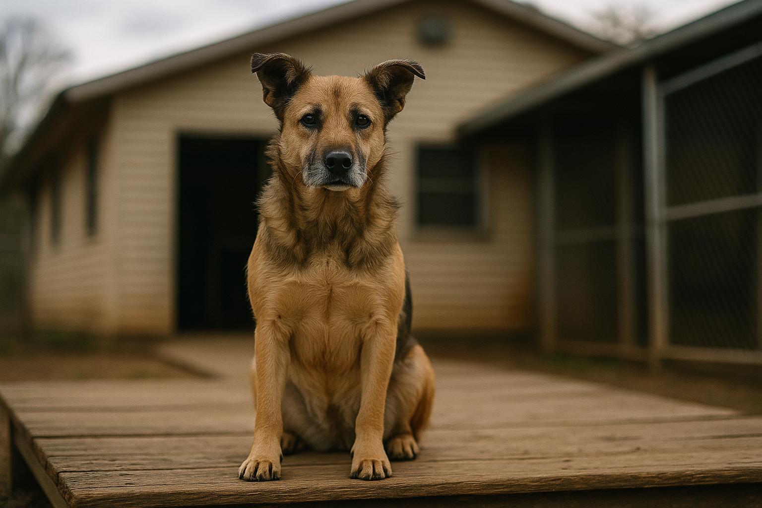 A mixed-breed dog sitting on a shelter porch with a shelter building blurred in the background
