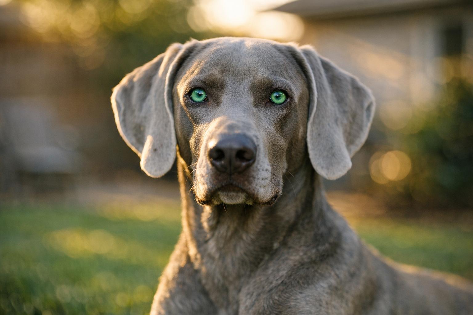 Close-up portrait of a Weimaraner with green eyes in a backyard at golden hour
