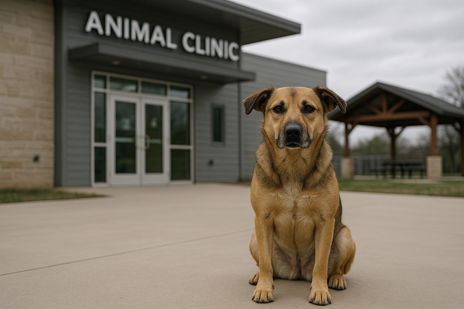 Medium-sized mixed-breed shelter dog sitting outside a modern animal clinic and community pavilion at Greenville Humane Society