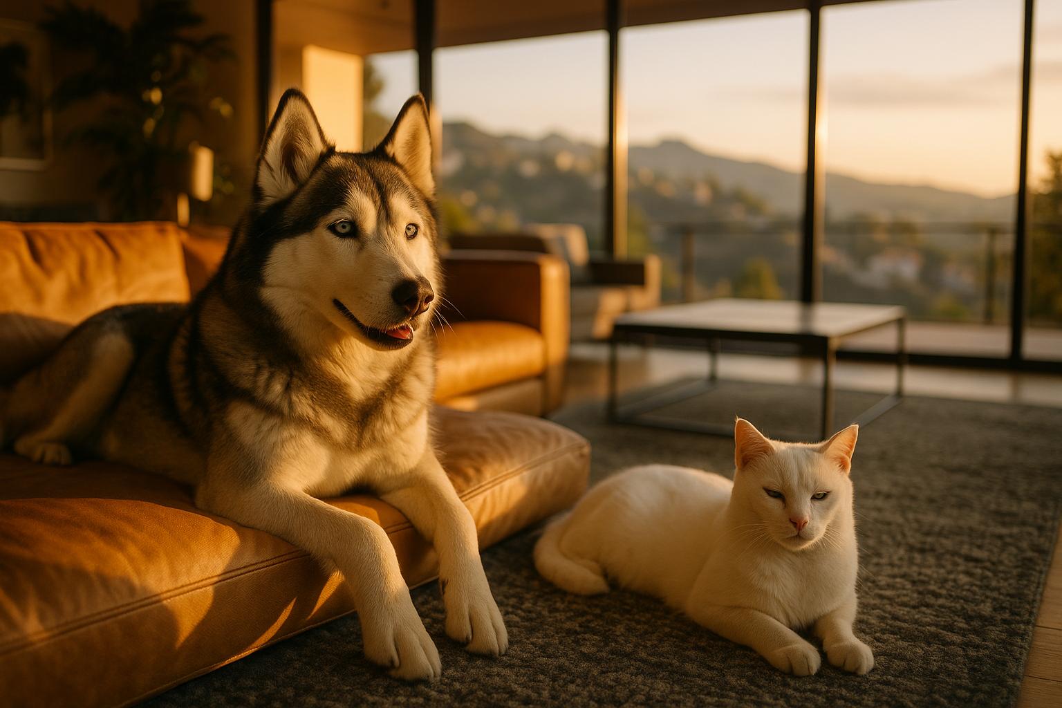 A Husky and a white cat resting in a luxurious mansion living room bathed in warm sunlight