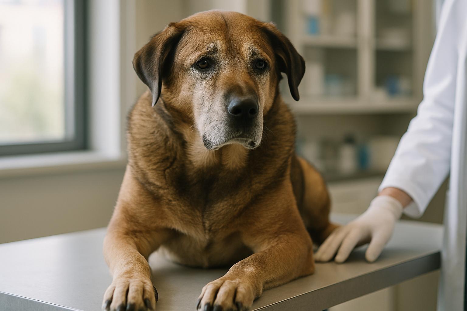 Large adult mixed-breed dog on a veterinary exam table in a clinic, calm and healthy-looking, photographed in natural light