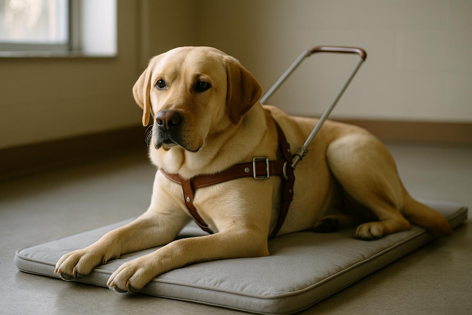 A Labrador Retriever in a guide-dog harness resting in a training room, photographed in natural window light.